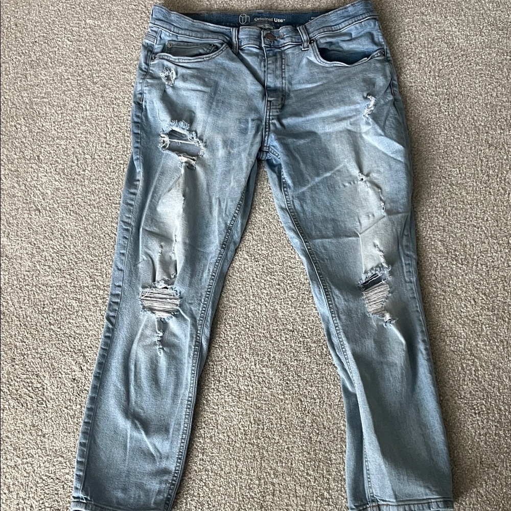 Original Use Distressed Light Blue Men’s Jeans slim taper fit 34x30